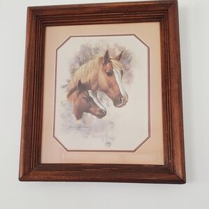Vintage Doris Scott Nelson Horse & Foal Litho Print Matted Wood Frame 14" x 12"